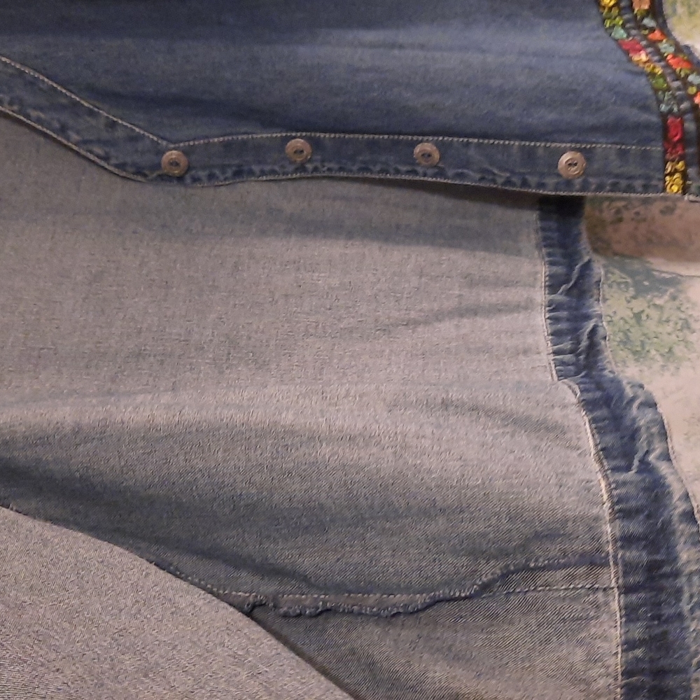 Agape denim button up boho shirt jacket short sleeve multi colored trim sz xl - Picture 5 of 7